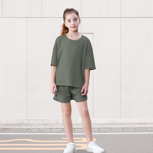 Image of DREAM BUS Girls T-Shirts and Shorts Set 2 Pieces Teen Girls Summer Matching Outfit Solid Trendy Clothes for Little Girl