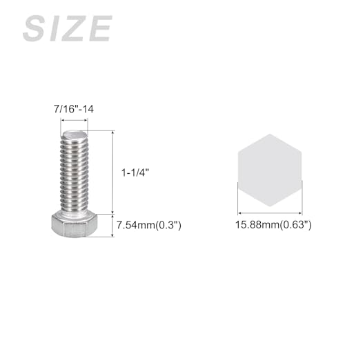 Image of METALLIXITY Hex Head Bolts (7 /16-14 x 1-1 /4 inch) 4Pcs, 304 Stainless Steel 18-8, Fully Threaded, External Hex Drive, Plain Finish, Hex Head Screw Bolt, Silver