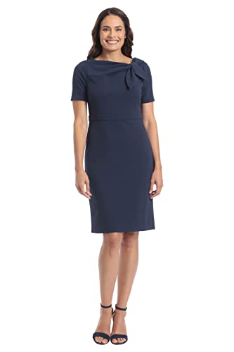 London Times Women's Boat Neck Side Tie Short Sleeve Knee Length-Cocktail Party Summer Dress with Bow Detail