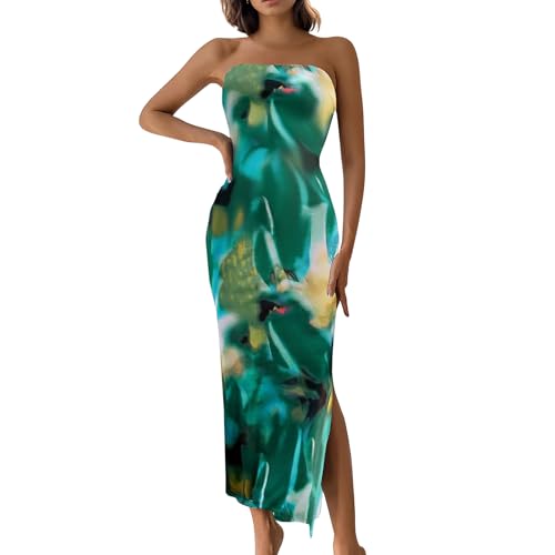 Image of Women's Tube Top Maxi Dresses Printed Tie Dye Strapless Bodycon Long Dress Split Side Sleeveless Party Elegant Outfits