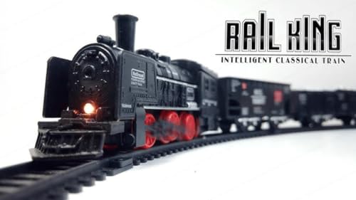 Image of SHAKTISM Rail King Classical Smoke Train Set for Kids - Battery Operated Toy Train with Sound, Light & Water Smoke,21 Pieces,Includes Tracks, Locomotive, Boxcar, Passenger Cars - Age 3+