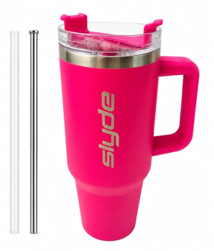 Image of Slyde 1200ml Stainless Steel Insulated Tumbler with Handle | Double Wall Vacuum Travel Mug | Leakproof Lid | Includes 2 Straws (1 Stainless Steel & 1 Plastic) Hot Pink