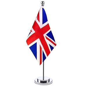 United Kingdom Table Flag Desk Flag of UK With 30CM Durable Stainless Steel Stand Base Desktop Union Jack Veteran Office Home Bar International Conference British Theme Party Holiday Decorations