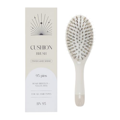 Boar Bristle Hair Brush with Nylon Pins - Detangler & Smoothing Brush for Frizz & Static Control - Less Breakage - Oil Distribution & Shine - Scalp Massage Wet/Dry - All Hair Types - Beige