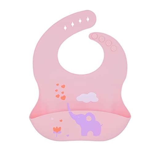Image of myHomeBody Waterproof Baby Bibs, Baby Bib Catcher, Baby Bib with Food Catcher, Baby Bibs Reusable, Cute Baby Bibs Silicone, Pink Elephant, 1pc