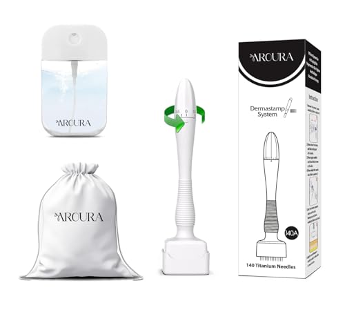 Aroura Premium Professional Adjustable Microneedling Derma Stamp Kit 140 Titanium Pin Precision for Face Scalp Beard Growth Includes Alcohol Sprayer & Travel Bag Ultimate Derma Roller Alternative