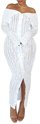 Womens Sexy Off Shoulder Maxi Dress Pleated See Through Flare Sleeve Button Down Slit Bodycon Long Dresses