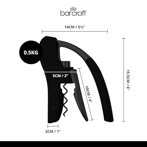BarCraft Deluxe Corkscrew, Wine Bottle Opener with Built-in Foil Cutter, Black & Chrome - Image 5