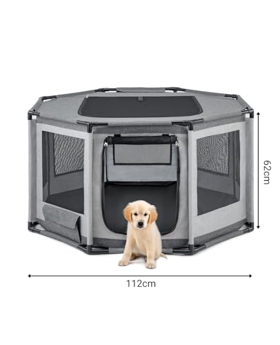 lionto Welpenauslauf aus Oxford-Gewebe, atmungsaktives Netz mit Reißverschluss & Seitentasche, Freilaufgehege für Hunde & Katzen mit Rahmen aus PVC-Rohren, achteckiger Hundekäfig, 112x112x62 cm, grau