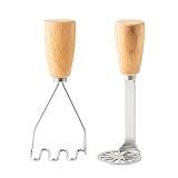 Machacador manual de patatas, 2 machacadores de patatas de acero inoxidable, trituradora de patatas con mango de madera, trituradora de prensa de frutas y verduras con placa de puré ancha