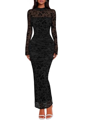 Lazysmile Women's Long Sleeve Floral Bodycon Maxi Dress 2026 Elegant Ruched Mesh Formal Cocktail Party Wedding Guest Dresses Black