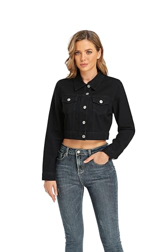 J.Corrine Jeansjacke Damen, Kurze, verkürzte Jeansjacken, Damen-Trucker-Biker-Jacken, Lässige Vintage-Jeansjacke mit Langen Ärmeln und Taschen Schwarz