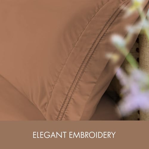 Image of ClevaHome Twin Size Sheet Set - 4 Piece Fitted Sheets Set, Sandy Brown | Soft Luxury Breathable, Shrink & Fade Resistant, Embroidered Bed Sheets, 14-inch Deep Pocket, 2 Extra Pillowcases