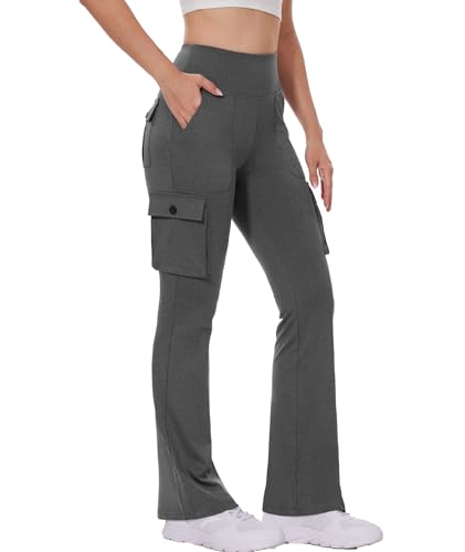 Yoga Flare Leggings for Women High Waisted Yoga Casual Pants Workout Leggings Cargo with 6 Pockets Bootcut Pants,Heather Grey L