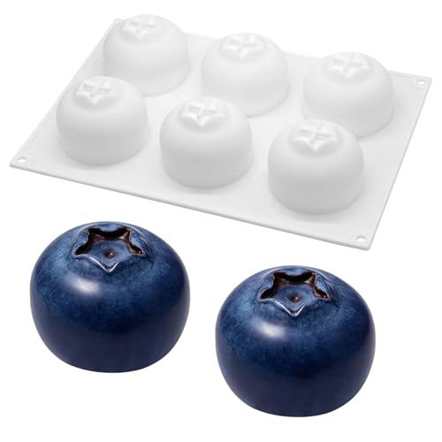 6-Cavity Blueberry Fruit Silicone Baking Molds 3D Fruit Shaped Non-Stick Silicone Mold for Mousse Cake Chocolate Pudding Jelly Ice Cream DIY Pastry Dessert Food-Grade Reusable