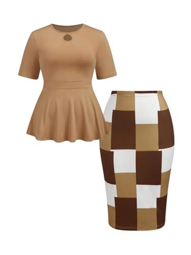 SOLY HUX Women's Plus Size Elegant Outfits 2 Piece Short Sleeve Ruffle Tops Plaid Print Bodycon Skirts Office Business Set