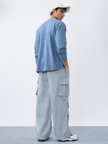 Image of The Souled Store Parachute Pants: Dusty Sky Blue Men and Boys Drawstring Waist Solid Cotton Lightweight Adjustable Hem Utility Baggy Fit Cargo Pants