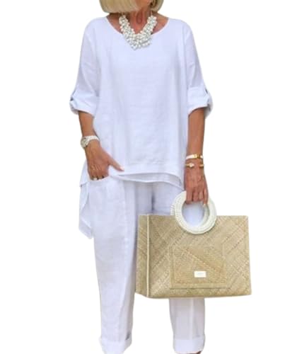 Women Linen 2 Piece Pants Suit for Women Dressy Cotton Linen Sets Outfits Long Sleeve Shirts Wide Leg Trousers