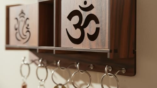 Image of Premium Wooden Wall Mounted Key Holder with 3 Organizer Slots for Home & Office | Laser-Cut Ganesha & Om Design Key Stand for Wall | Decorative Mail & Mobile Holder with 8 Sturdy Metal Hooks
