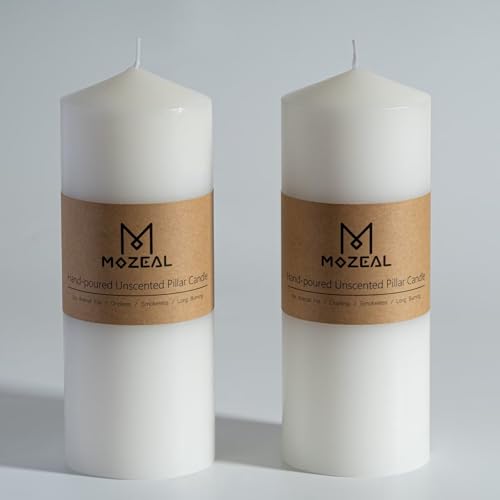 MOZEAL 3" x 8" Hand-Poured Unscented Candles,Large White Pillar Candles Set of 2,No Drip,Approx 120 Hours Long Burning,Wedding,Dinner,Christmas and Home Decor（3 Inch Diameter 8 Inch Height）