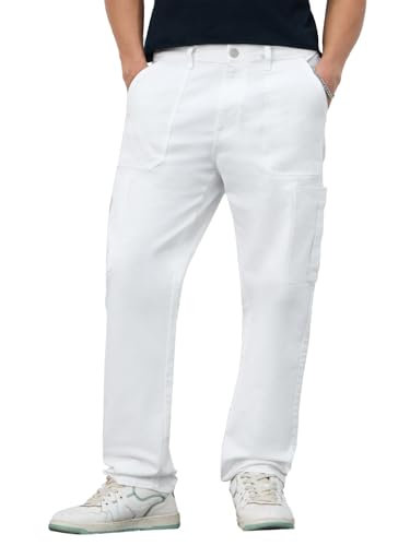 Image of The Souled Store Men's Cargo Jeans: White Men and Boys Buttoned Solid Cotton Blend Straight Fit Cargo Jeans