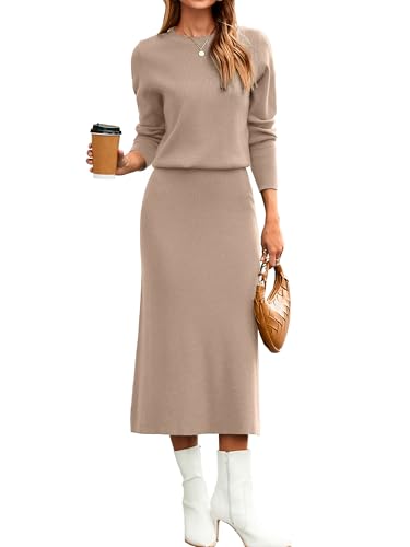 Glamaker 2-teiliges Damenrock-Set, Herbst, langärmelig, Pulloverkleid, lässig, gestrickt, Midi-Kleid, Reise-Outfits, Winterkleidung 2025, Khaki, L
