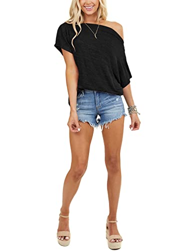 REVETRO Womens Sexy Off The Shoulder Tops Summer Short Batwing Sleeve Loose T-Shirts2