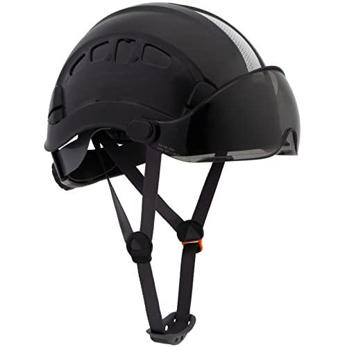 LOHASPRO Hard Hats Construction Safety Helmet with Visor ANSI Z89.1 Approved OSHA Hardhat, Vented Men Work Hard Hat with Chin Strap Tree Climbing Arborist Helmet (P2 Black+Smoked Visor)