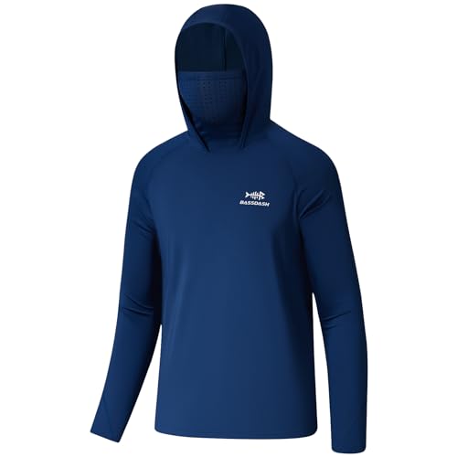 BASSDASH Youth UPF 50+ Hooded Shirts with Mask UV Neck Gaiter Sun Protection Long Sleeve T Shirt for Fishing Swim Dark Blue