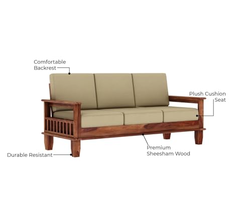 Image of Sheesham Wooden 3 Seater Sofa for Living Room | Rosewood 3 Seater Cushion Sofa with Side Newspaper Holder for Home & Office | Solid Wood Sofa Set for Lounge (Honey, 3 Seater)
