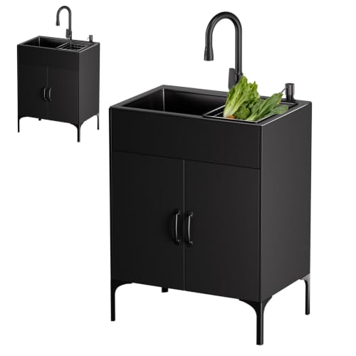 Fregadero para Lavandería De 24 Pulgadas con Armario Y Grifo Extraíble, Dos Cubetas, Armario Independiente para Fregadero De Cocina con Fregadero De Acero Inoxidable Y Kit De Desagüe