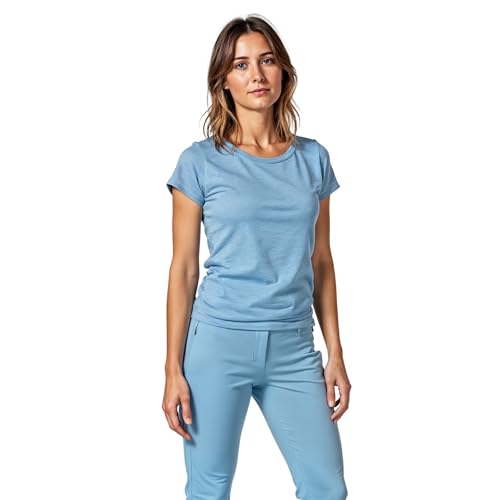 ALPIN LOACKER Coolmax Merino Shirt Damen Kurzarm 150 g/m2 I atmungsaktives Funktionsshirt schnelltrocknend und kühlend I Merinowolle Tshirt und Thermooberteil Hellblau M