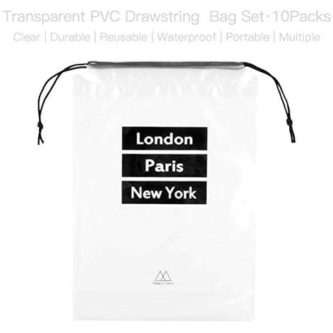 fancyfree 10 Pack PVC Transparent Drawstring Bags, Waterproof Laundry Pouch,Shoe Bag, Luggag Packing Organizers，for Home,Travel,Gym (Black) Cover