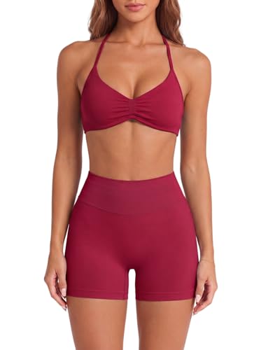 JUVOME Workout Sets for Women 2 Piece Seamless Strappy Halter Sports Bra Matching Scrunch Butt Lifting High Waist Shorts Athletic Gym Set Yoga Pilates Outfits Work Out Clothes Red S