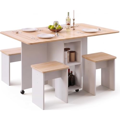 Image of TEKAVO Zydra Foldable Dining Table with 4 Chairs I Folding Space Saving Dining Table 4 Seater I Movable Furniture with 6 Wheels I White & Mile Oak I (120L x 80W x 80H CM) - DIY.