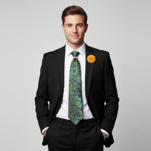 Image of 5PCS Mens Silk Tie, Pocket Square, Cufflinks, Drilled Tie Ring and Lapel Pin Set for Wedding Groom Party