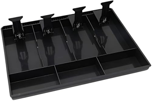 Image of Cash Drawer Insert Tray with 5 Bill Compartments and 4 Coin Sections, Plastic Currency Organizer with Spring Clips, Black (4 Slot)