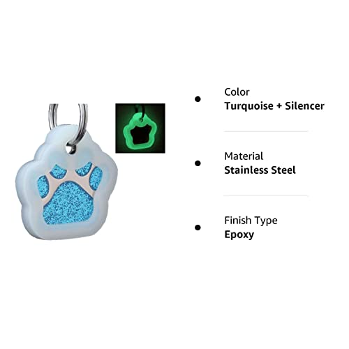 Io Tags Pet Id Tags, Personalized Dog Tags And Cat Tags, Custom Engraved, Easy To Read, Cute Glitter Paw Pet Tag (Turquiose + Silencer) #TOP2