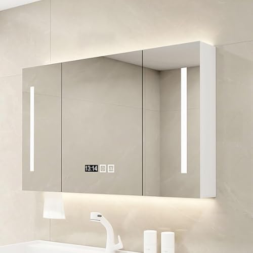 Smart LED Espejo de tocador de baño con desempañador montado en la pared, gabinete de medicina de almacenamiento de atenuación continua, espejo de maquillaje blanco, 80 x 12 x 70 cm