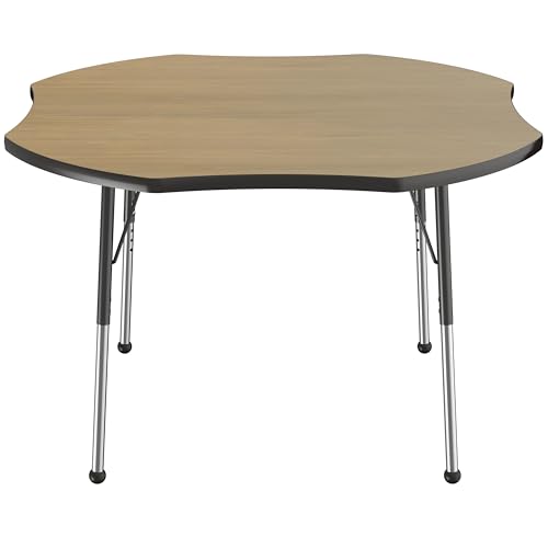 Image of FDP Clover (48 x 48 inch) Collaborative Classroom Table with Adjustable Standard Ball Glide Legs (19-30 in) School and Office Furniture - Pasadena Oak Top /Black Edge and Legs