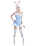 MEOWCOS Women's Bunny Girl Costume Homewear Blue Furry Bodysuit with Skirt and Striped Stockings (blue, S)
