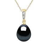 PEARLS & COLORS - Pendentif Joaillerie Véritable Perle de Culture d'Eau Douce Poire 9-10 mm - Qualité AAA+ - Black Tahiti - Diamant 0.020 Cts - Bijou Femme
