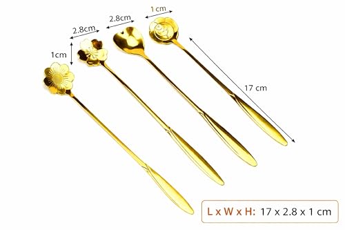 Image of Gold Tone Dessert Spoon Set with Decorative Flower and Heart Shaped Spoon Heads (Pack of 8)