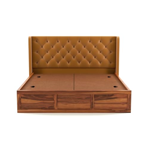 Image of Solid Sheesham Wood King Size Bed with Storage | Wooden Double Bed Cot Bed with Box Storage & Velvet Upholstered Cushioned Headboard for Bedroom (Honey B, King)