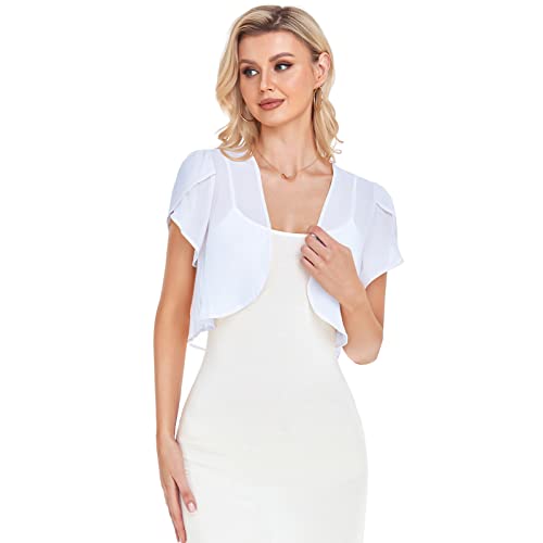 Shealles Shrugs For Women Short Sleeve Shrug Cropped Bolero Open Front Chiffon Cardigan For Evening Dress White #TOP2