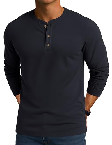 Cotrasen Mens Henley Shirts Cotton Long Sleeve Shirts 3 Button Tops Fashion Casual Basic Tee
