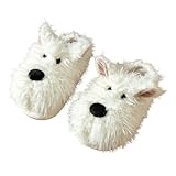 [1/2plus] レディース もこもこ ルームシューズ 犬モチーフ ファースリッパ 室内履き 滑り止め付き あったか ふわふわ 冷え対策 冬用 (白,25-25.5 cm)