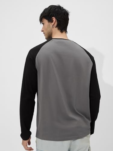 Image of The Souled Store Black Men and Boys Round Neck Solid Regular Fit Cotton Full Sleeve T-Shirts
