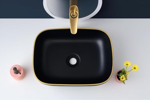 Image of OSOSAM Elegant Matte Finish Black & Gold Ceramic Bathroom Sink - Table Top Basin - 18x13x5.5 Inch
