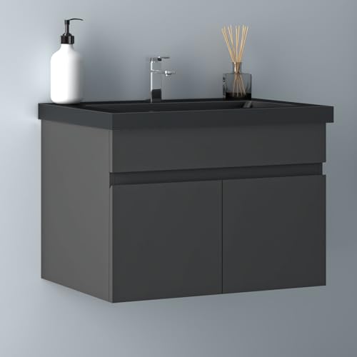 Biubiubath Badezimmer Badmöbel 60cm Schwarz Mineralguss Waschtisch mit Unterschrank Hängeschrank...